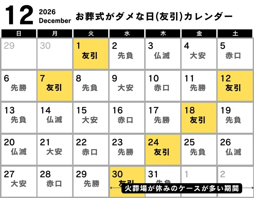 葬式 ダメな日 カレンダー 2026年12月
