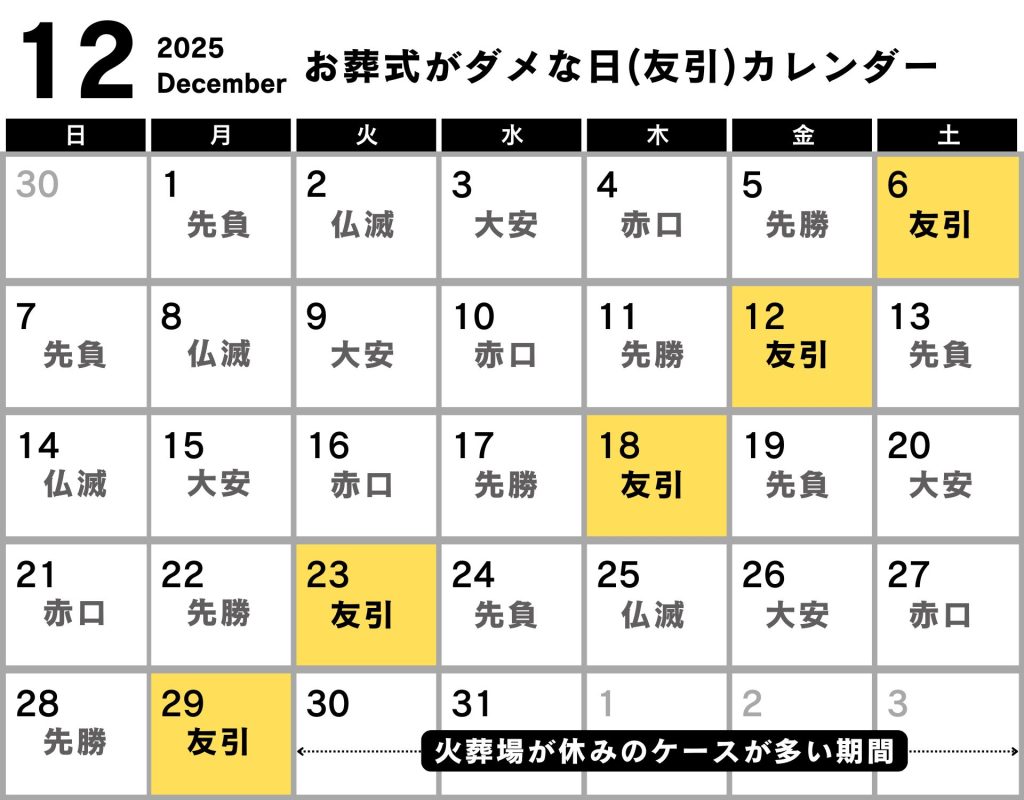 葬式 ダメな日 カレンダー 2025年12月